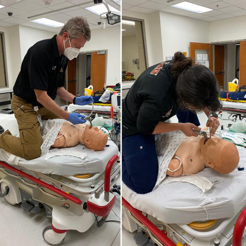 Dr. Emily Rozin and Dr. John Hoyle Practice the Ice Axe Intubation Method in the WMed Simulation Center