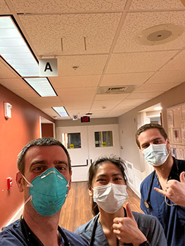 Dr. Joshua Mastenbrook pictured with two WMed Emergency Medicine residents during a shift in the emergency department at one of the teaching hospitals in Kalamazoo